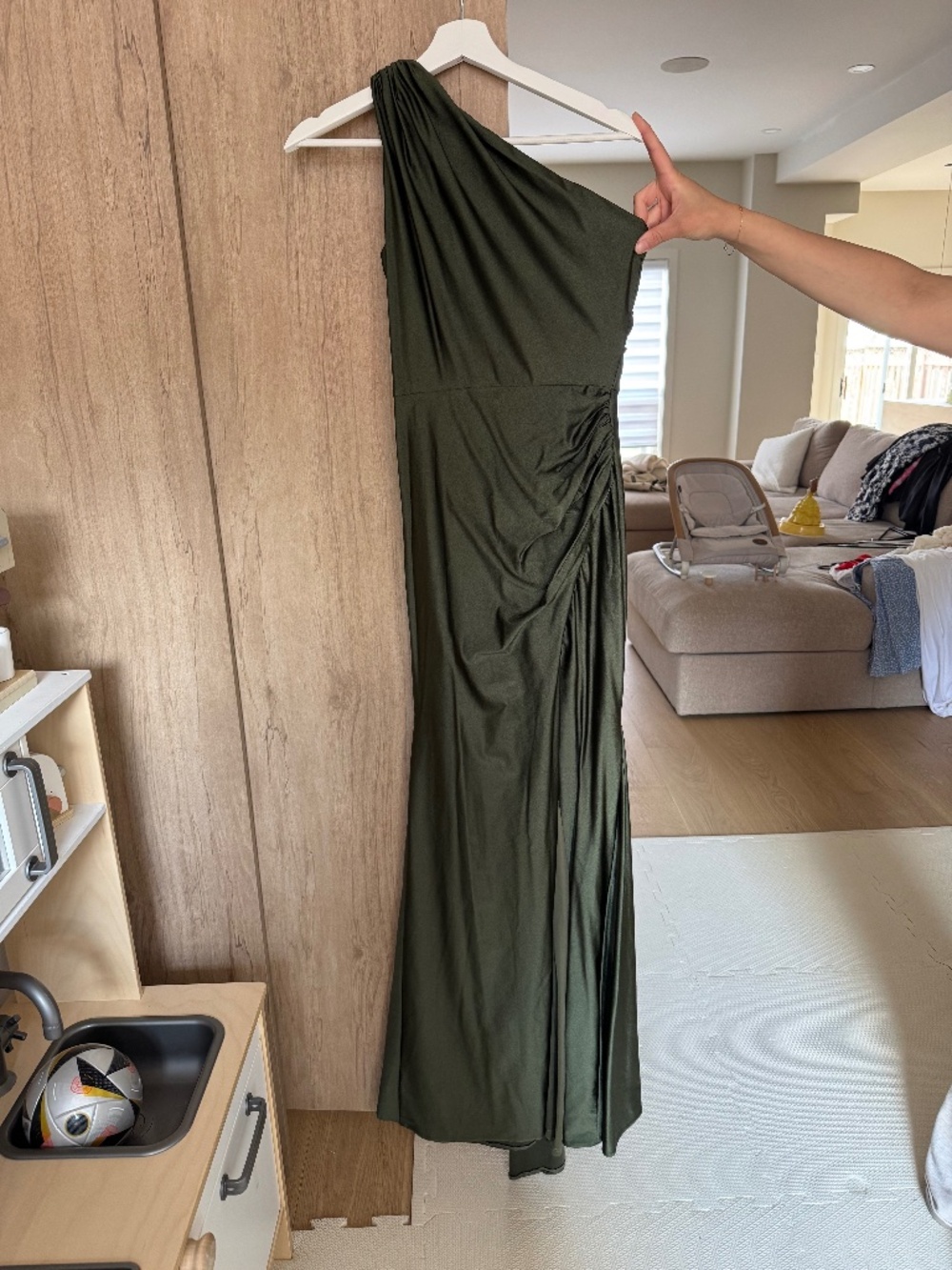 Olive Green, one shoulder Rouched Gown